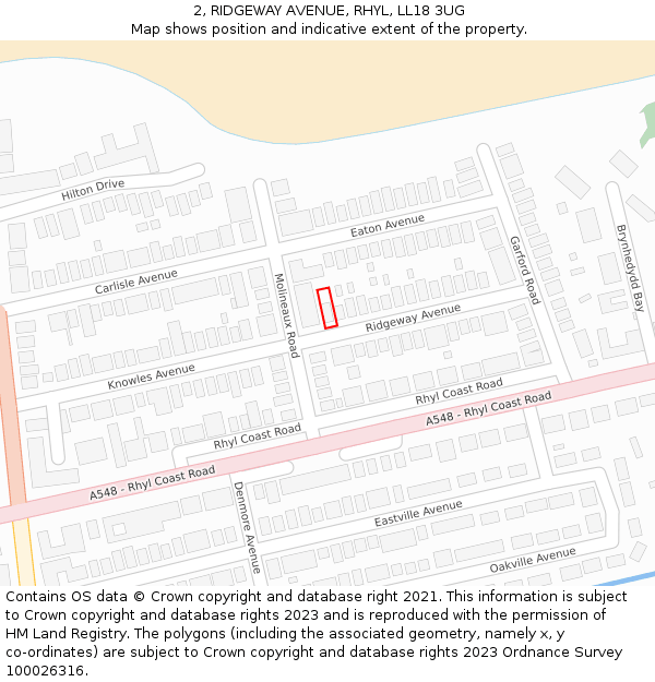 2, RIDGEWAY AVENUE, RHYL, LL18 3UG: Location map and indicative extent of plot