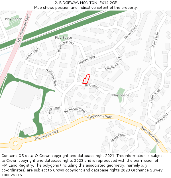 2, RIDGEWAY, HONITON, EX14 2GF: Location map and indicative extent of plot