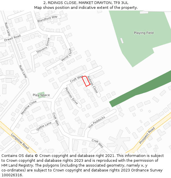 2, RIDINGS CLOSE, MARKET DRAYTON, TF9 3UL: Location map and indicative extent of plot