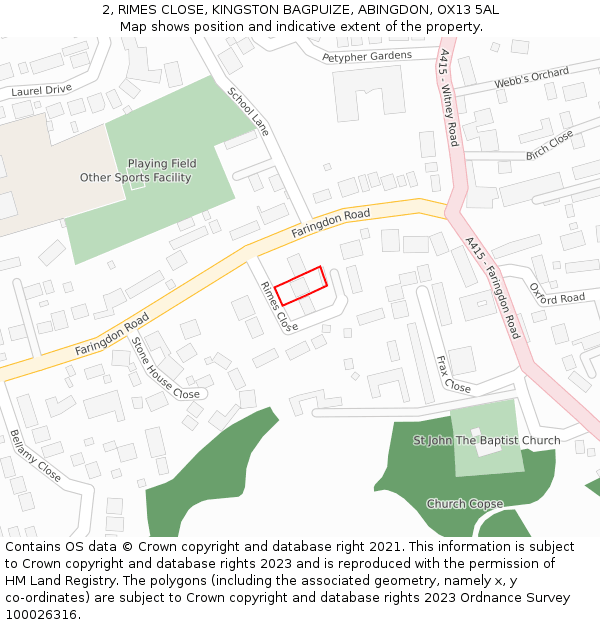 2, RIMES CLOSE, KINGSTON BAGPUIZE, ABINGDON, OX13 5AL: Location map and indicative extent of plot