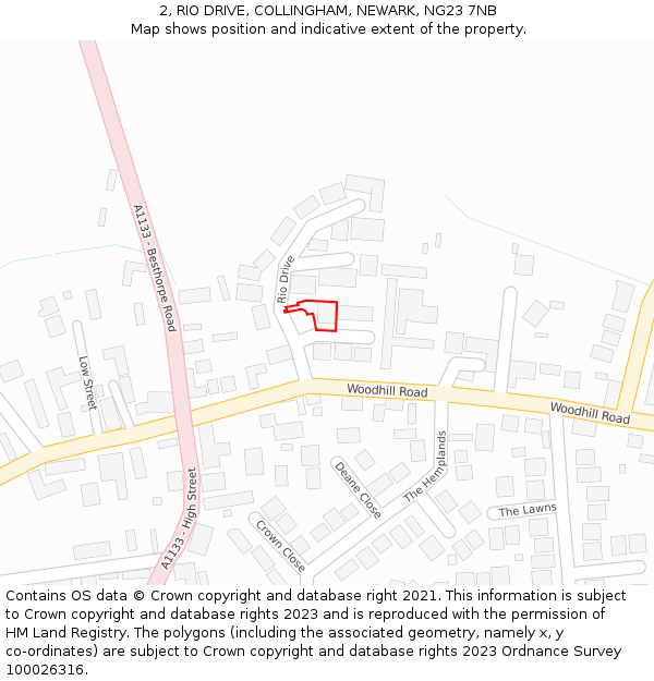 2, RIO DRIVE, COLLINGHAM, NEWARK, NG23 7NB: Location map and indicative extent of plot