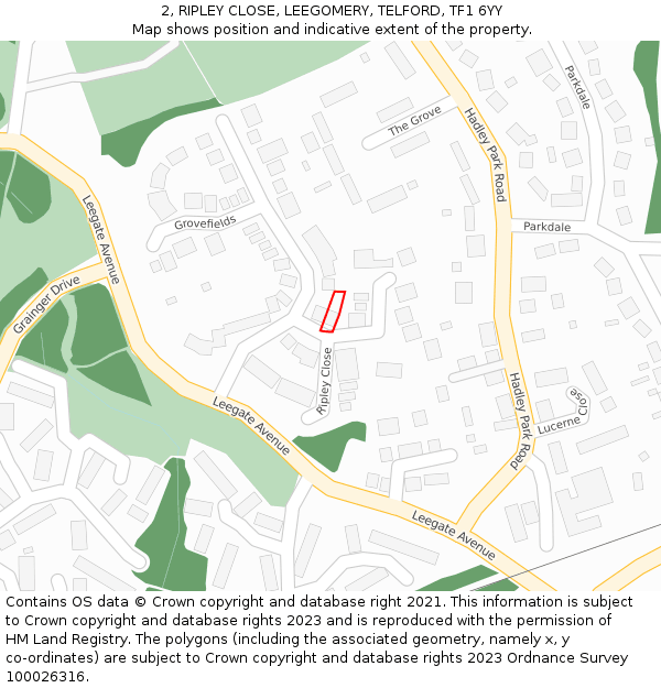 2, RIPLEY CLOSE, LEEGOMERY, TELFORD, TF1 6YY: Location map and indicative extent of plot