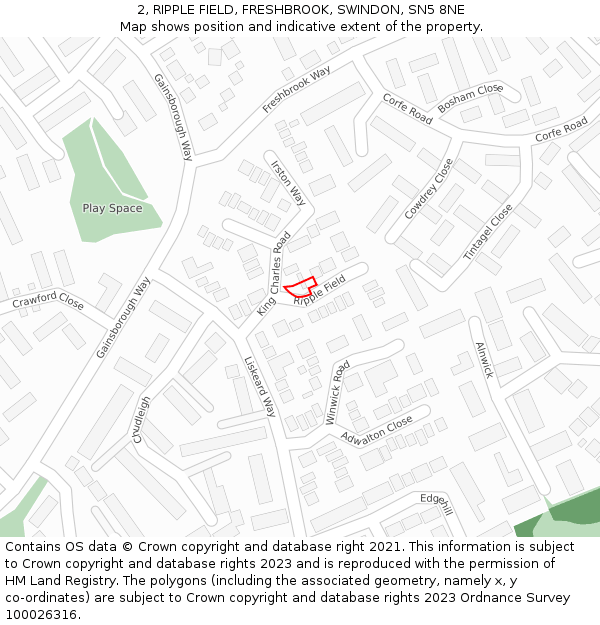 2, RIPPLE FIELD, FRESHBROOK, SWINDON, SN5 8NE: Location map and indicative extent of plot