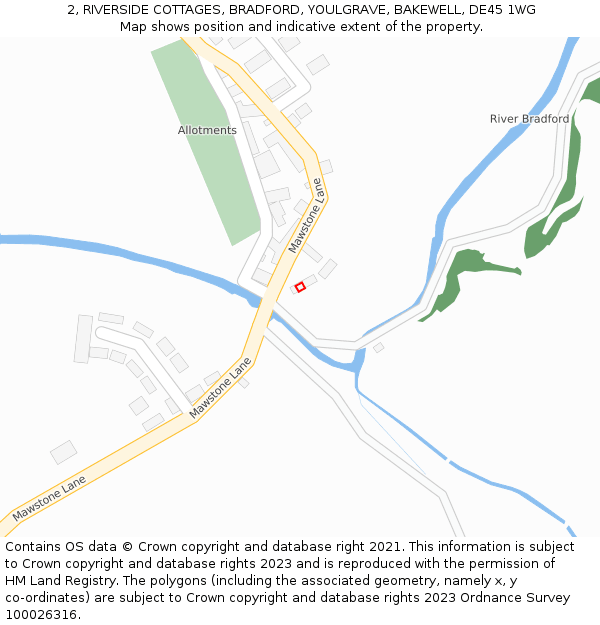 2, RIVERSIDE COTTAGES, BRADFORD, YOULGRAVE, BAKEWELL, DE45 1WG: Location map and indicative extent of plot