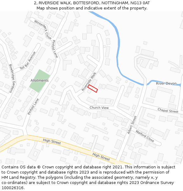 2, RIVERSIDE WALK, BOTTESFORD, NOTTINGHAM, NG13 0AT: Location map and indicative extent of plot