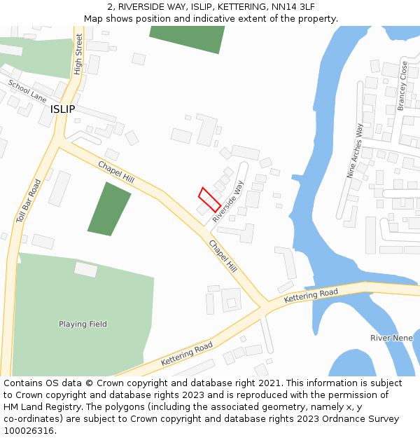 2, RIVERSIDE WAY, ISLIP, KETTERING, NN14 3LF: Location map and indicative extent of plot