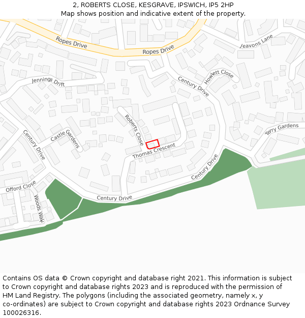 2, ROBERTS CLOSE, KESGRAVE, IPSWICH, IP5 2HP: Location map and indicative extent of plot