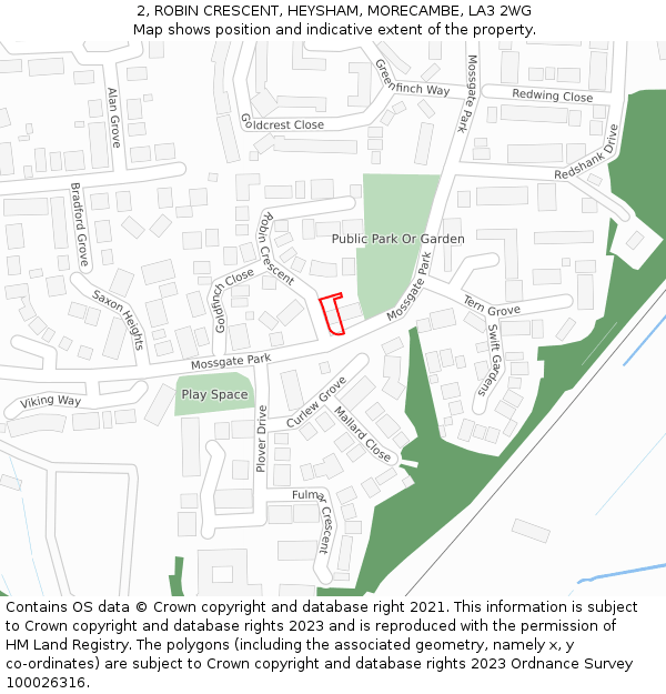 2, ROBIN CRESCENT, HEYSHAM, MORECAMBE, LA3 2WG: Location map and indicative extent of plot