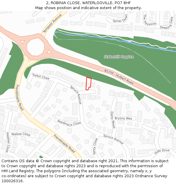 2, ROBINIA CLOSE, WATERLOOVILLE, PO7 8HF: Location map and indicative extent of plot