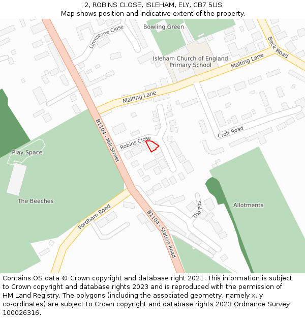 2, ROBINS CLOSE, ISLEHAM, ELY, CB7 5US: Location map and indicative extent of plot