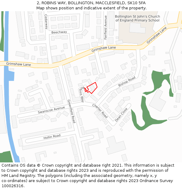 2, ROBINS WAY, BOLLINGTON, MACCLESFIELD, SK10 5FA: Location map and indicative extent of plot