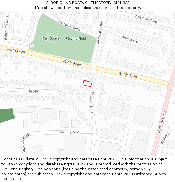 2, ROBJOHNS ROAD, CHELMSFORD, CM1 3AF: Location map and indicative extent of plot