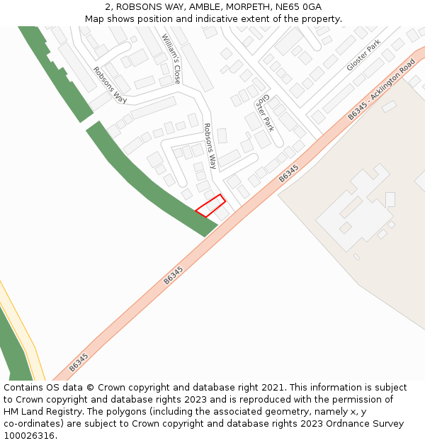 2, ROBSONS WAY, AMBLE, MORPETH, NE65 0GA: Location map and indicative extent of plot