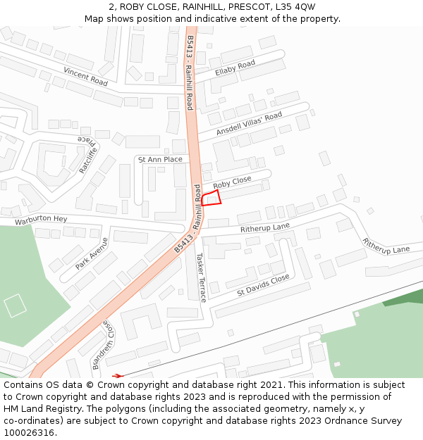 2, ROBY CLOSE, RAINHILL, PRESCOT, L35 4QW: Location map and indicative extent of plot