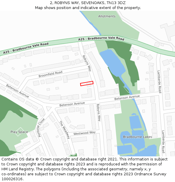 2, ROBYNS WAY, SEVENOAKS, TN13 3DZ: Location map and indicative extent of plot