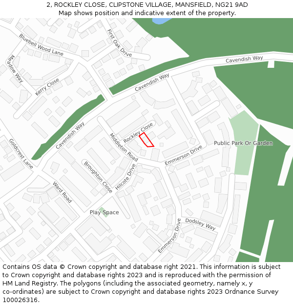 2, ROCKLEY CLOSE, CLIPSTONE VILLAGE, MANSFIELD, NG21 9AD: Location map and indicative extent of plot