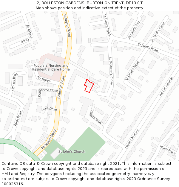 2, ROLLESTON GARDENS, BURTON-ON-TRENT, DE13 0JT: Location map and indicative extent of plot