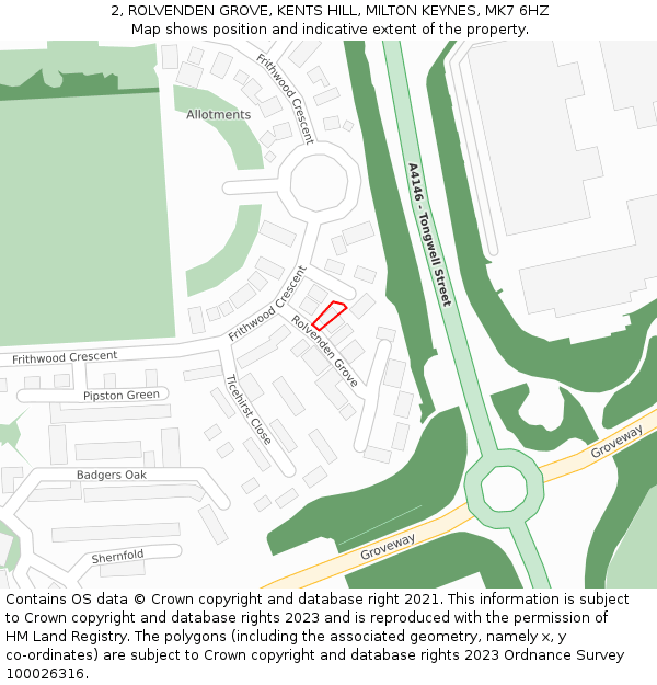 2, ROLVENDEN GROVE, KENTS HILL, MILTON KEYNES, MK7 6HZ: Location map and indicative extent of plot