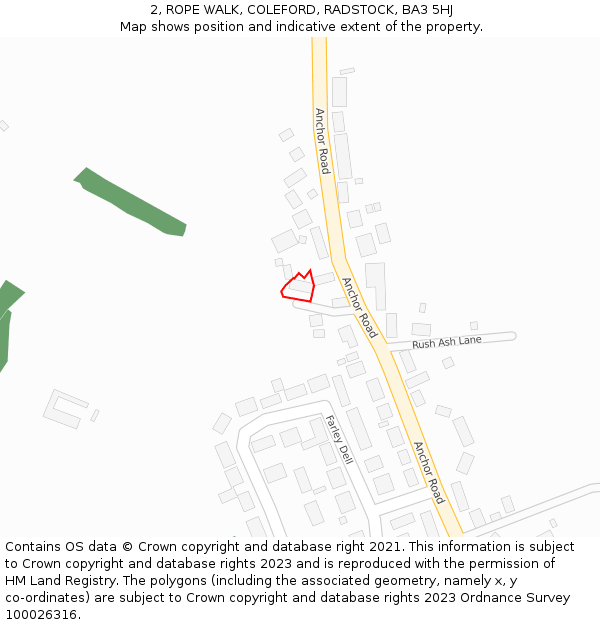 2, ROPE WALK, COLEFORD, RADSTOCK, BA3 5HJ: Location map and indicative extent of plot