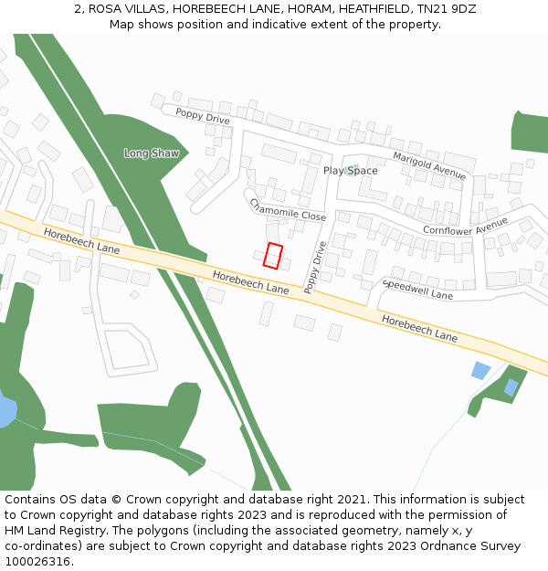 2, ROSA VILLAS, HOREBEECH LANE, HORAM, HEATHFIELD, TN21 9DZ: Location map and indicative extent of plot