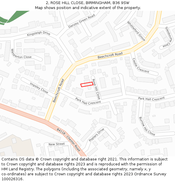 2, ROSE HILL CLOSE, BIRMINGHAM, B36 9SW: Location map and indicative extent of plot