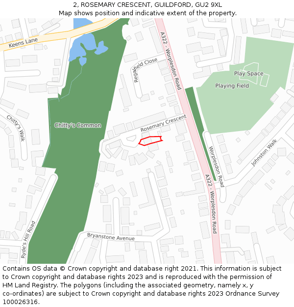 2, ROSEMARY CRESCENT, GUILDFORD, GU2 9XL: Location map and indicative extent of plot