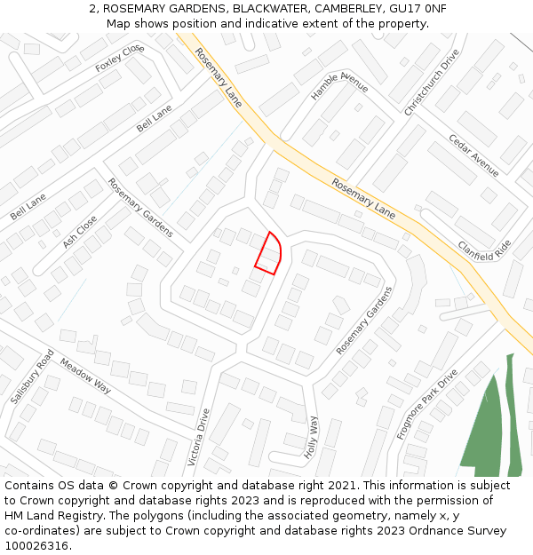 2, ROSEMARY GARDENS, BLACKWATER, CAMBERLEY, GU17 0NF: Location map and indicative extent of plot