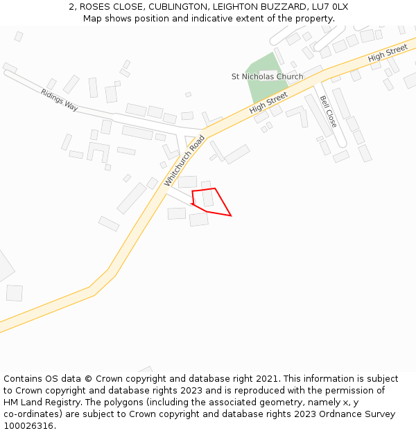 2, ROSES CLOSE, CUBLINGTON, LEIGHTON BUZZARD, LU7 0LX: Location map and indicative extent of plot