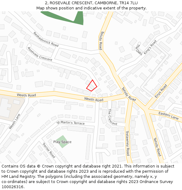 2, ROSEVALE CRESCENT, CAMBORNE, TR14 7LU: Location map and indicative extent of plot