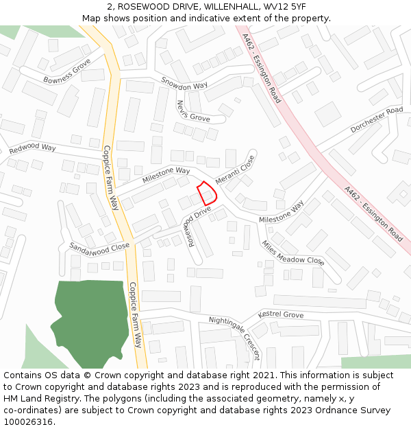 2, ROSEWOOD DRIVE, WILLENHALL, WV12 5YF: Location map and indicative extent of plot