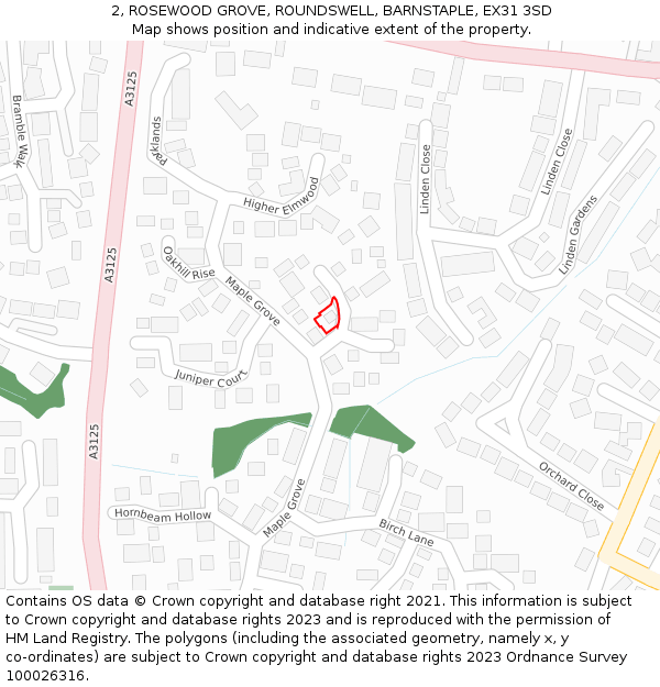 2, ROSEWOOD GROVE, ROUNDSWELL, BARNSTAPLE, EX31 3SD: Location map and indicative extent of plot