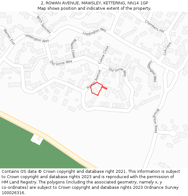 2, ROWAN AVENUE, MAWSLEY, KETTERING, NN14 1GP: Location map and indicative extent of plot