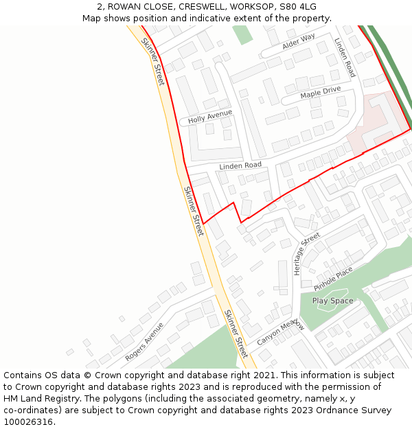 2, ROWAN CLOSE, CRESWELL, WORKSOP, S80 4LG: Location map and indicative extent of plot