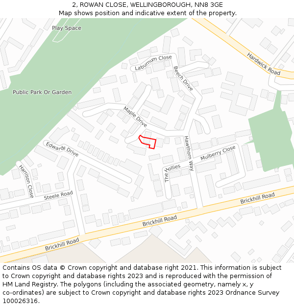 2, ROWAN CLOSE, WELLINGBOROUGH, NN8 3GE: Location map and indicative extent of plot