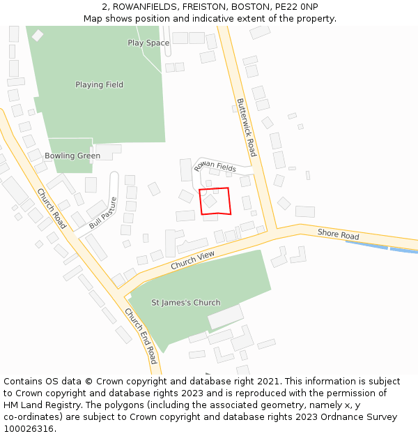2, ROWANFIELDS, FREISTON, BOSTON, PE22 0NP: Location map and indicative extent of plot
