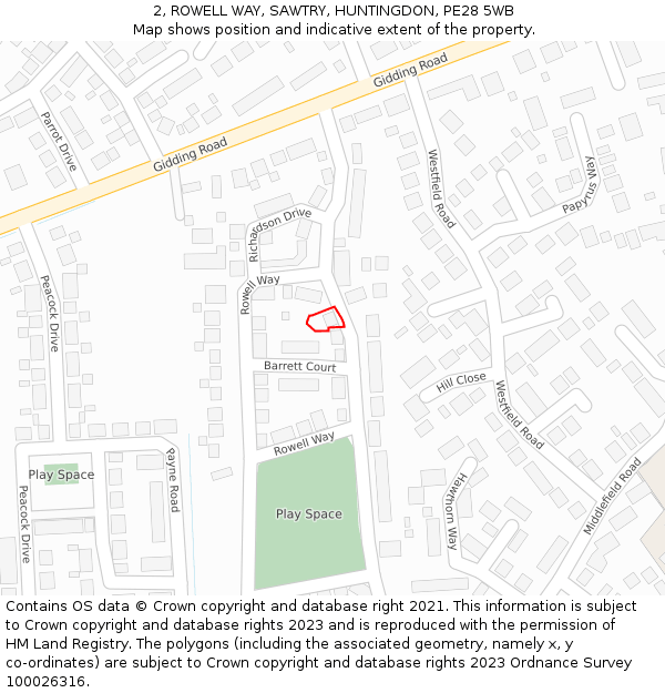 2, ROWELL WAY, SAWTRY, HUNTINGDON, PE28 5WB: Location map and indicative extent of plot