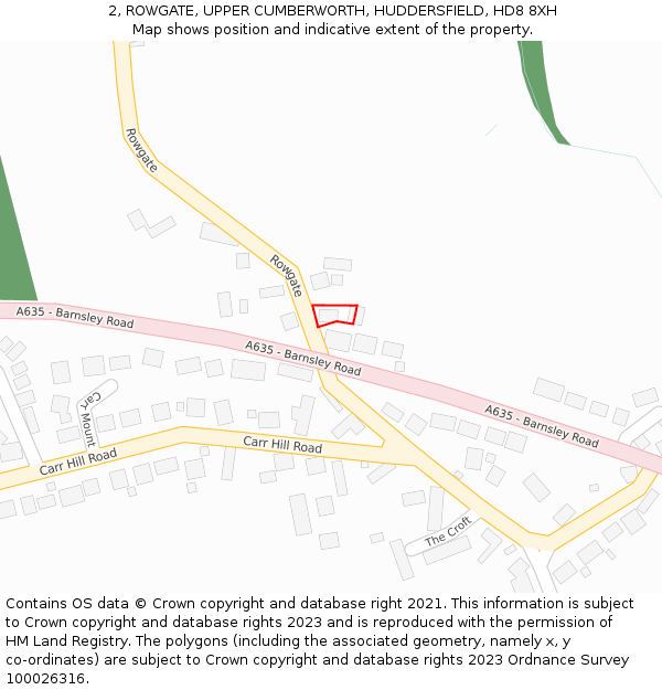 2, ROWGATE, UPPER CUMBERWORTH, HUDDERSFIELD, HD8 8XH: Location map and indicative extent of plot