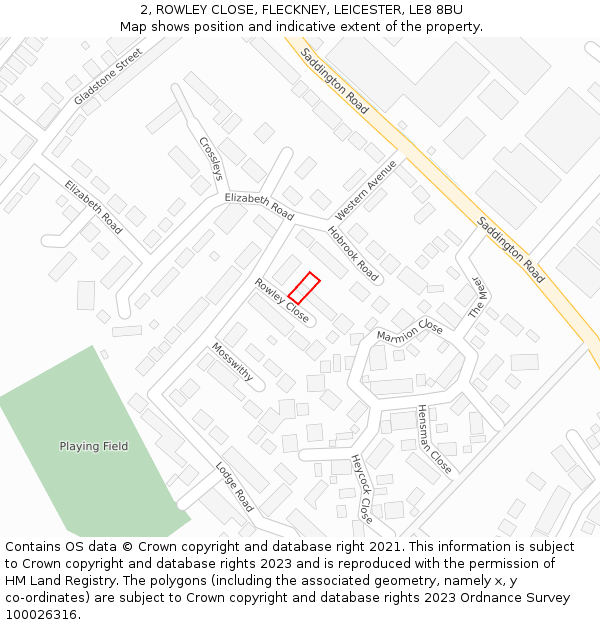 2, ROWLEY CLOSE, FLECKNEY, LEICESTER, LE8 8BU: Location map and indicative extent of plot