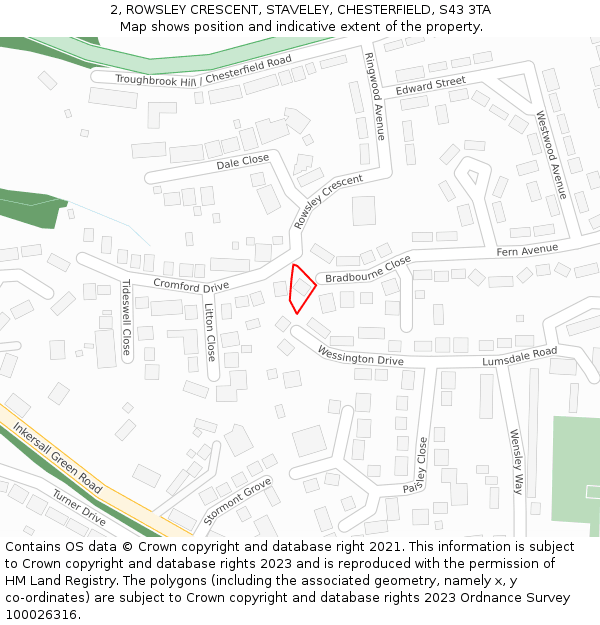 2, ROWSLEY CRESCENT, STAVELEY, CHESTERFIELD, S43 3TA: Location map and indicative extent of plot