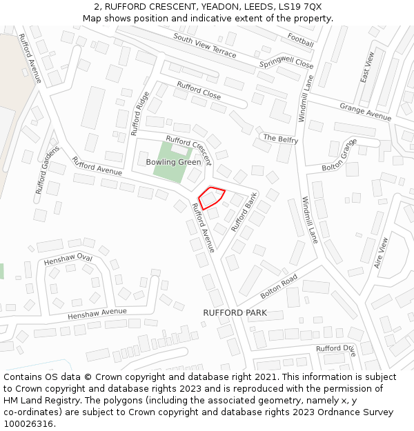 2, RUFFORD CRESCENT, YEADON, LEEDS, LS19 7QX: Location map and indicative extent of plot