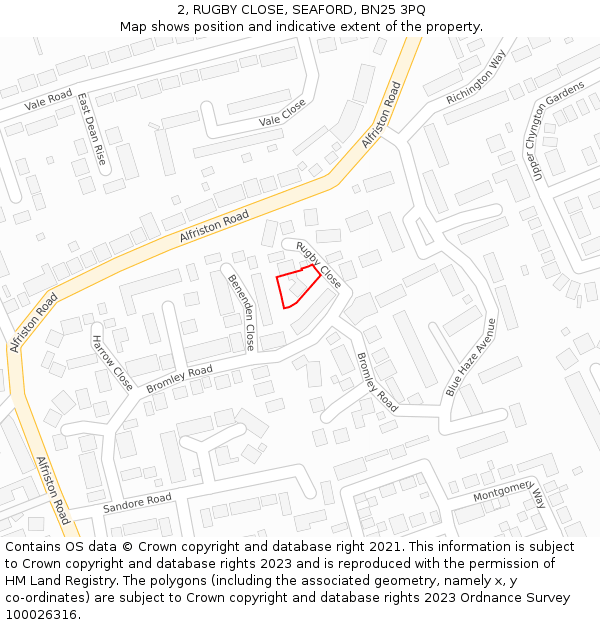 2, RUGBY CLOSE, SEAFORD, BN25 3PQ: Location map and indicative extent of plot