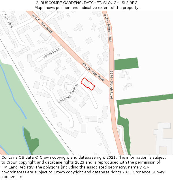 2, RUSCOMBE GARDENS, DATCHET, SLOUGH, SL3 9BG: Location map and indicative extent of plot