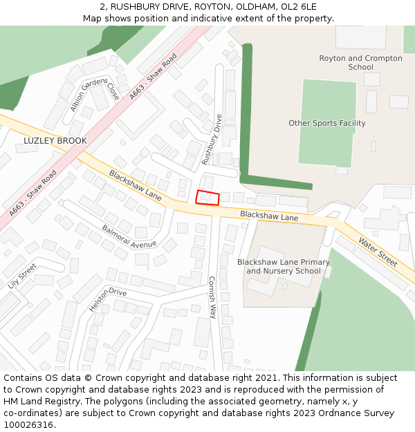 2, RUSHBURY DRIVE, ROYTON, OLDHAM, OL2 6LE: Location map and indicative extent of plot