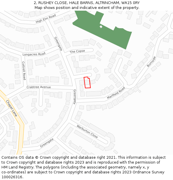 2, RUSHEY CLOSE, HALE BARNS, ALTRINCHAM, WA15 0RY: Location map and indicative extent of plot