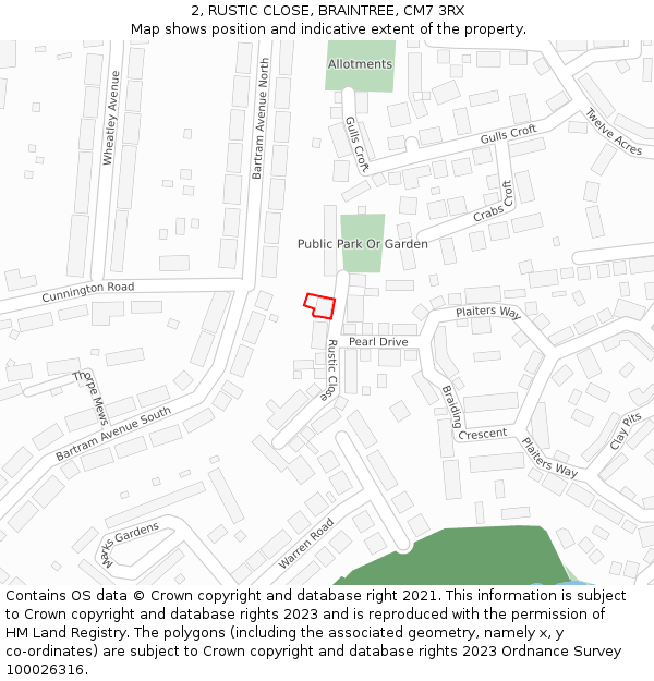 2, RUSTIC CLOSE, BRAINTREE, CM7 3RX: Location map and indicative extent of plot