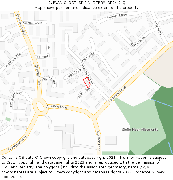 2, RYAN CLOSE, SINFIN, DERBY, DE24 9LQ: Location map and indicative extent of plot