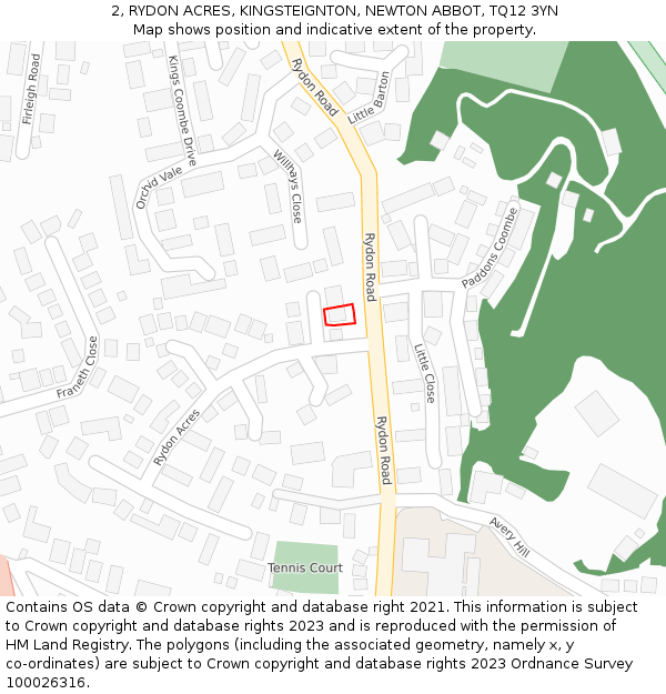 2, RYDON ACRES, KINGSTEIGNTON, NEWTON ABBOT, TQ12 3YN: Location map and indicative extent of plot