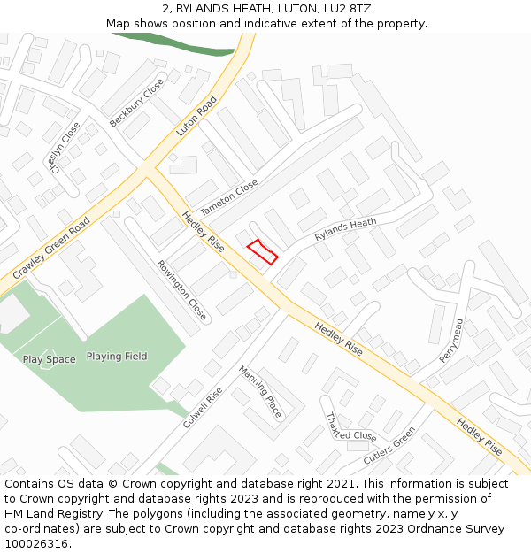 2, RYLANDS HEATH, LUTON, LU2 8TZ: Location map and indicative extent of plot