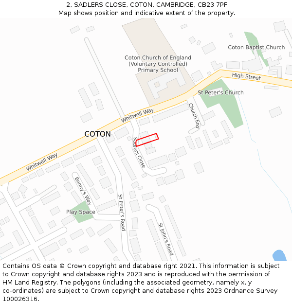 2, SADLERS CLOSE, COTON, CAMBRIDGE, CB23 7PF: Location map and indicative extent of plot