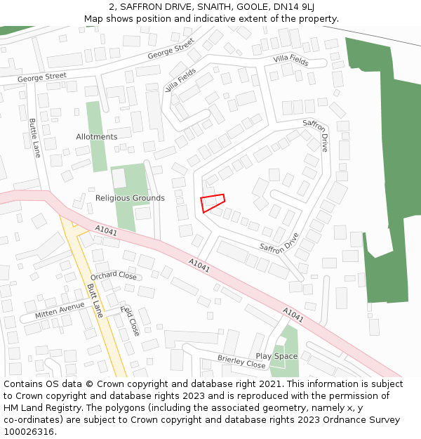 2, SAFFRON DRIVE, SNAITH, GOOLE, DN14 9LJ: Location map and indicative extent of plot